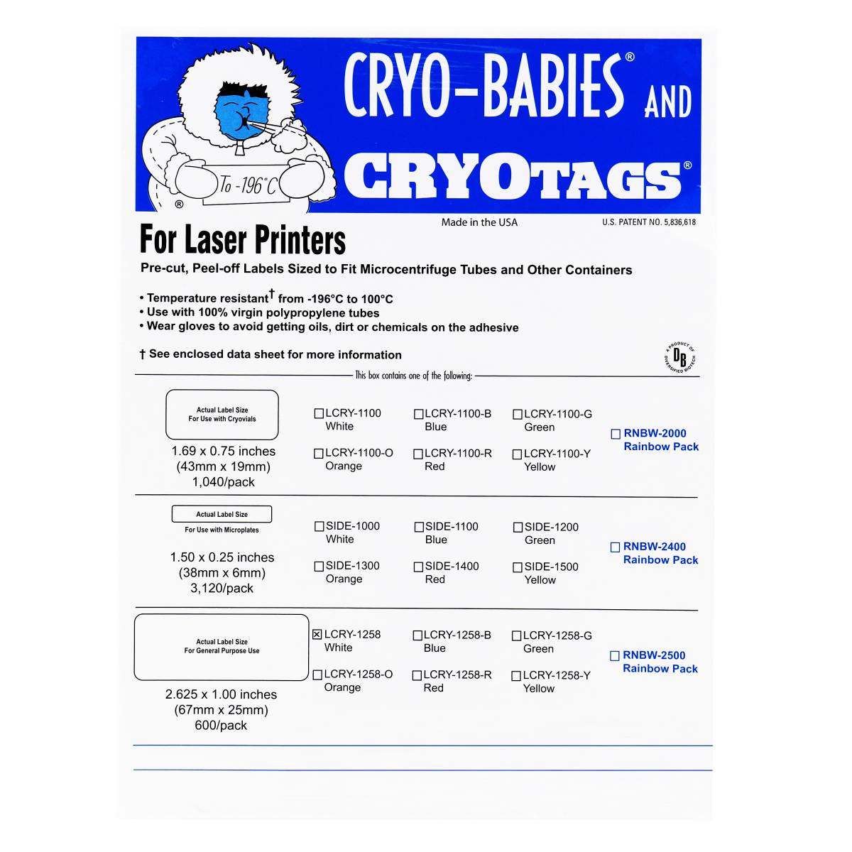 Cryo-Tags Labels, Laser Sheet, 2.63 x 1 Inch, White, 600 per Package