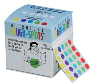 Tough Spots for Microtubes, 3/8" Diameter, Assorted Colors Roll, 5 Labels Across, 5,000 Labels per Roll