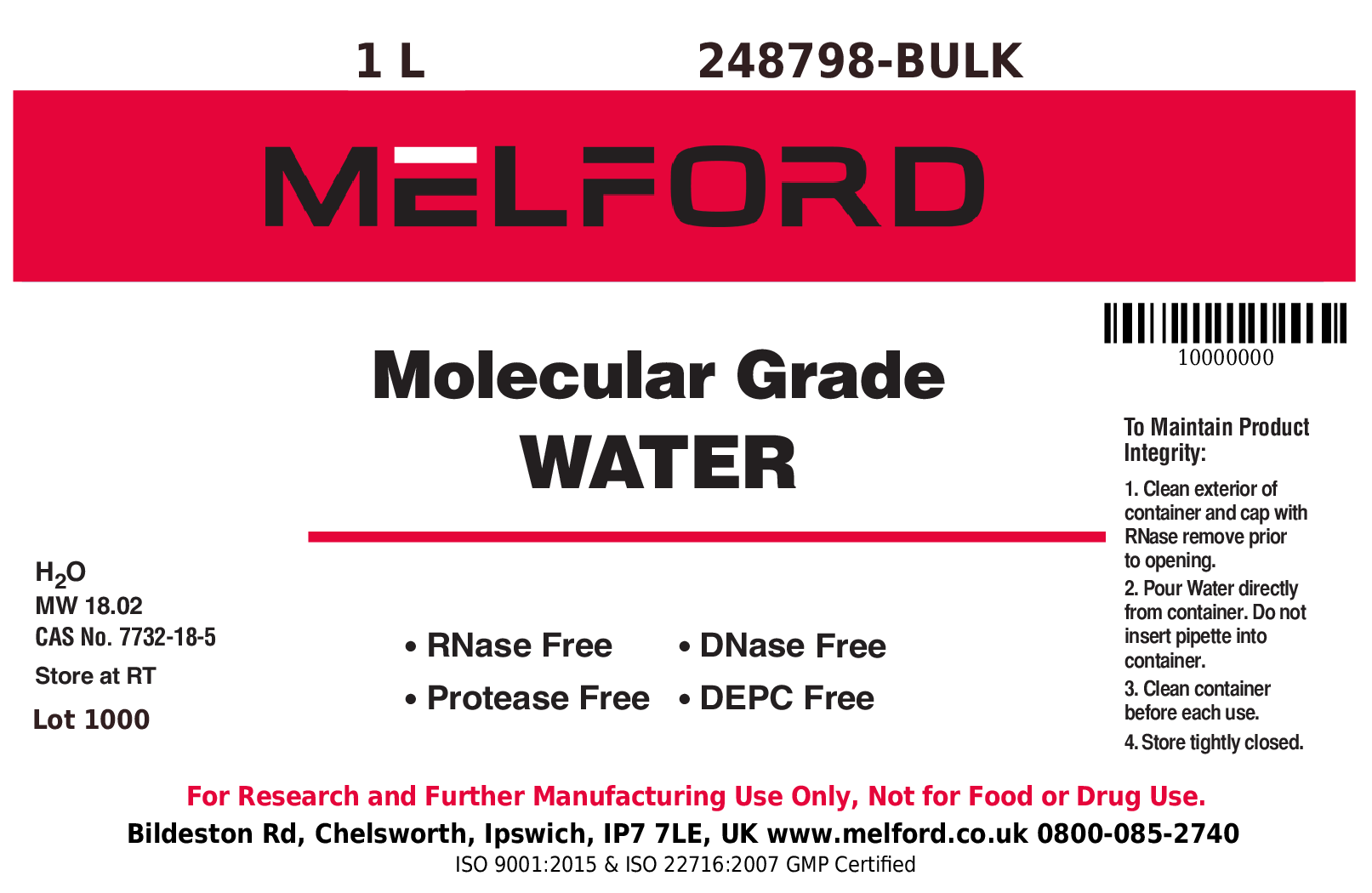 Water, Molecular Biology Grade, DNase and RNase Free, 1 Liter Bottle